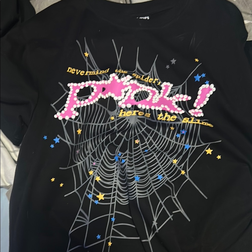 Black Graphic Tee with Spider Web Design